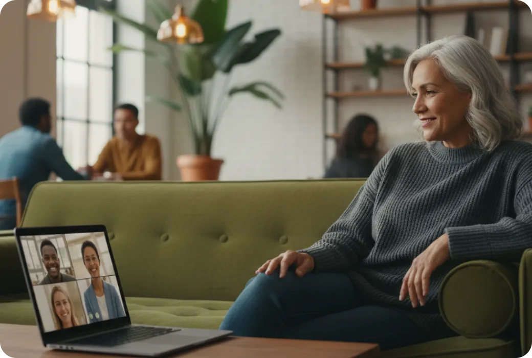 Woman using laptop on a couch